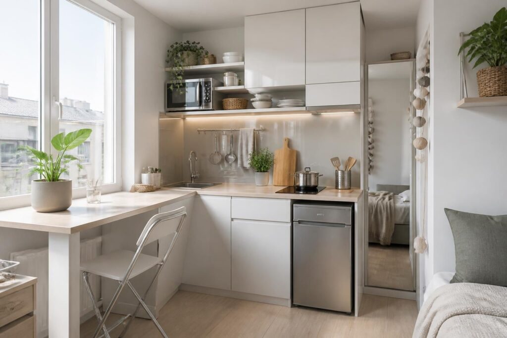 découvrez des astuces d'aménagement pour optimiser l'espace dans votre cuisine de studio et cuisiner confortablement même dans un petit espace.