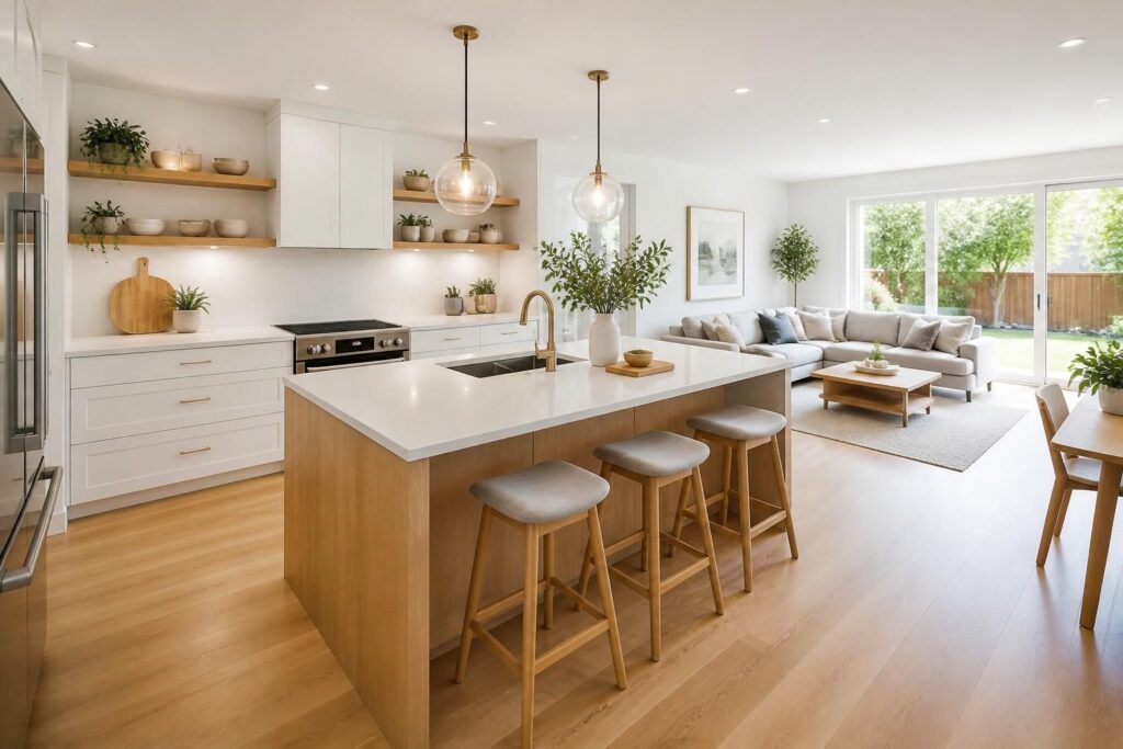 découvrez une cuisine aménagée ouverte sur le salon, idéale pour créer un espace convivial et lumineux où partager des moments agréables en famille ou entre amis.
