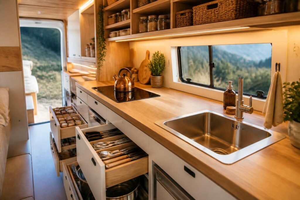découvrez des astuces pratiques pour aménager et optimiser l'espace de votre cuisine dans un van, alliant confort et fonctionnalité pour vos voyages nomades.